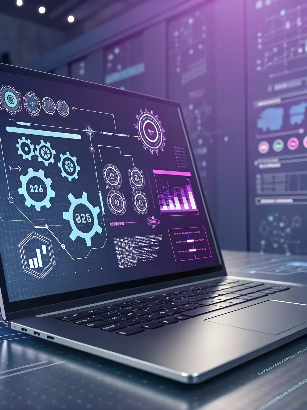 An illustration showcasing automated workflows on a computer screen with interconnected icons, representing business process automation.
