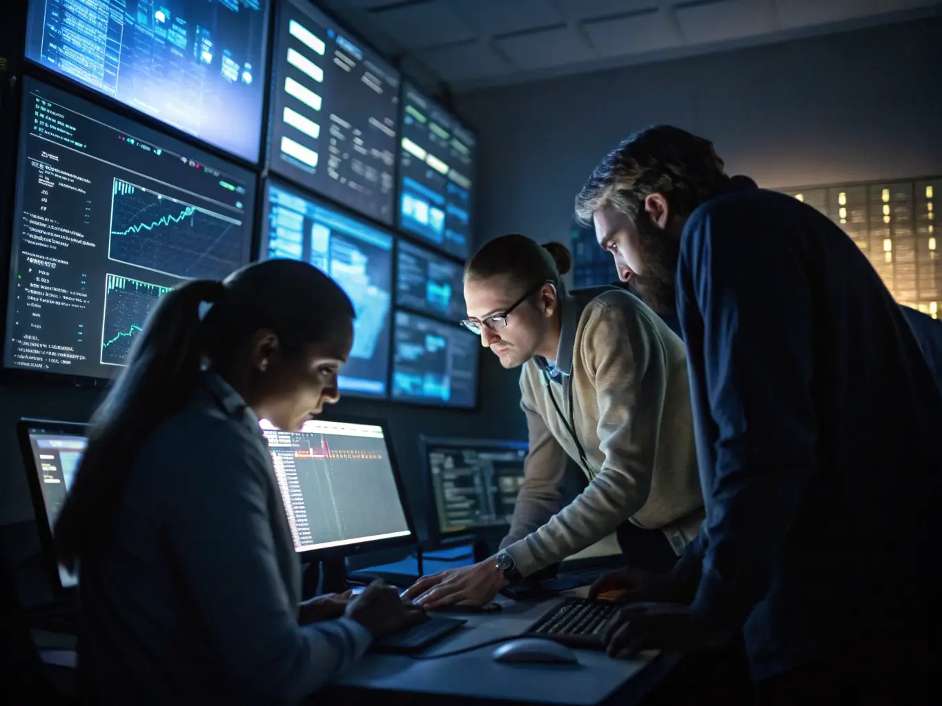 A team of IT specialists is collaborating on a business process automation project, using advanced software and tools.
