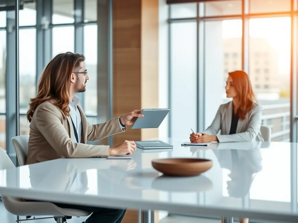 A professional consultant is advising a business client in a modern office setting, discussing technology solutions and strategies.